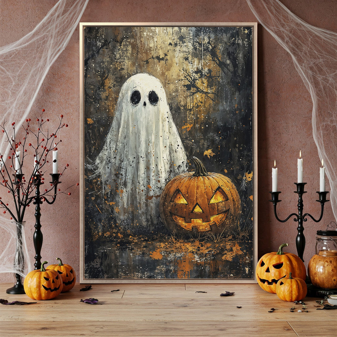 Framed Wall Art: Spooky Halloween ghost and jack-o'-lantern painting in a dark, moody style with orange, black, and beige tones. Perfect for your fall decor!
