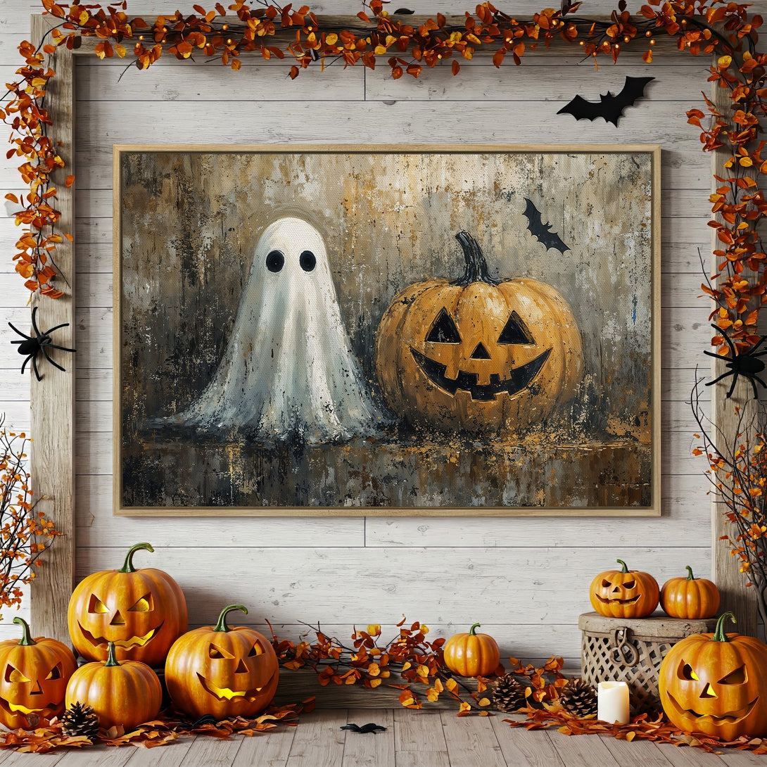 Framed Wall Art: Spooky Halloween scene with ghost and jack-o'-lantern. Rustic style, warm orange and brown color palette, perfect for fall decor.