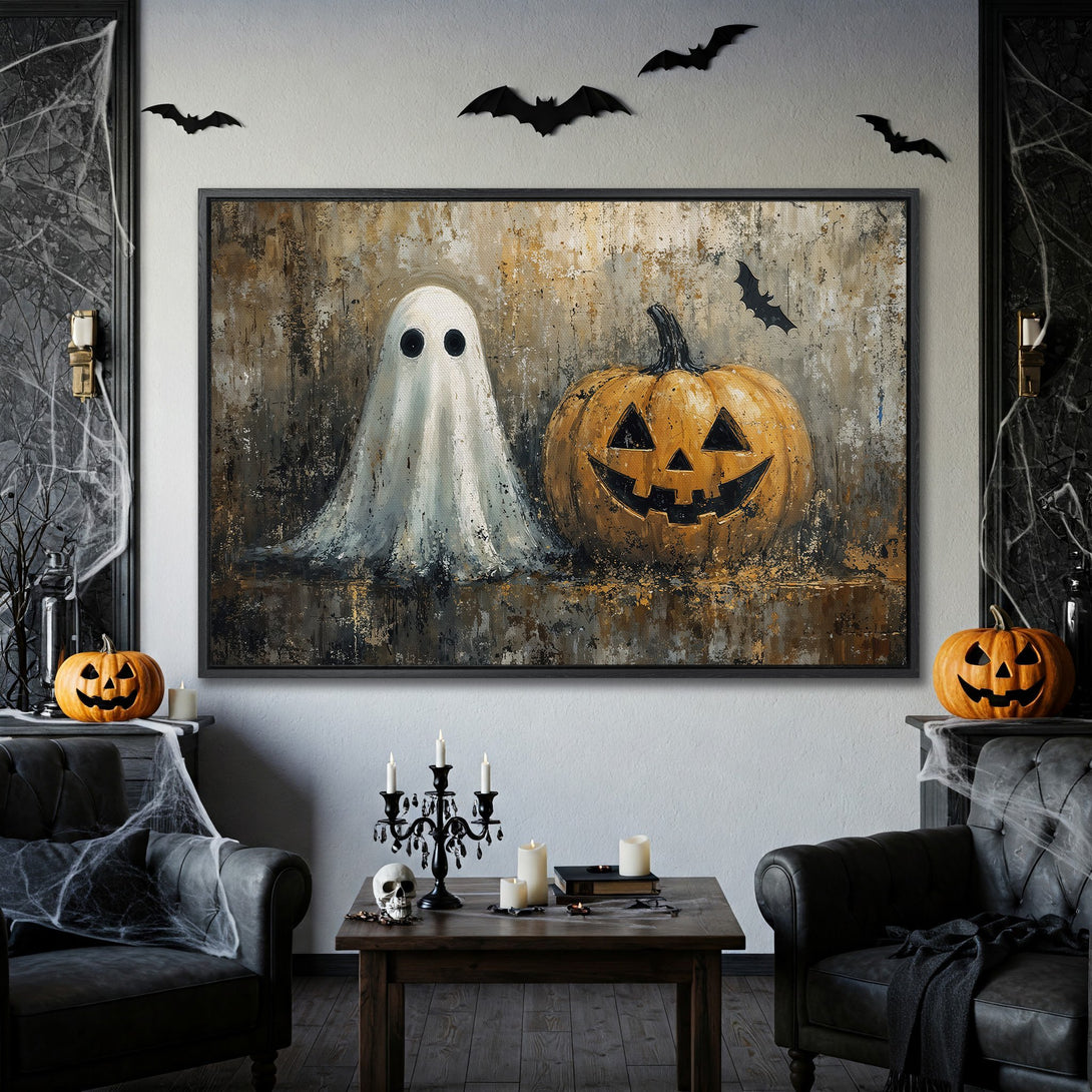 Framed Wall Art: Spooky Halloween scene with ghost and pumpkin. Rustic style, warm gold and brown tones. Perfect for fall decor!