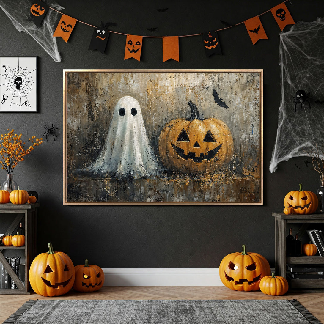 Framed Wall Art featuring a spooky ghost and jack-o'-lantern, perfect Halloween decor. Rich, textured painting with warm, autumnal color palette.