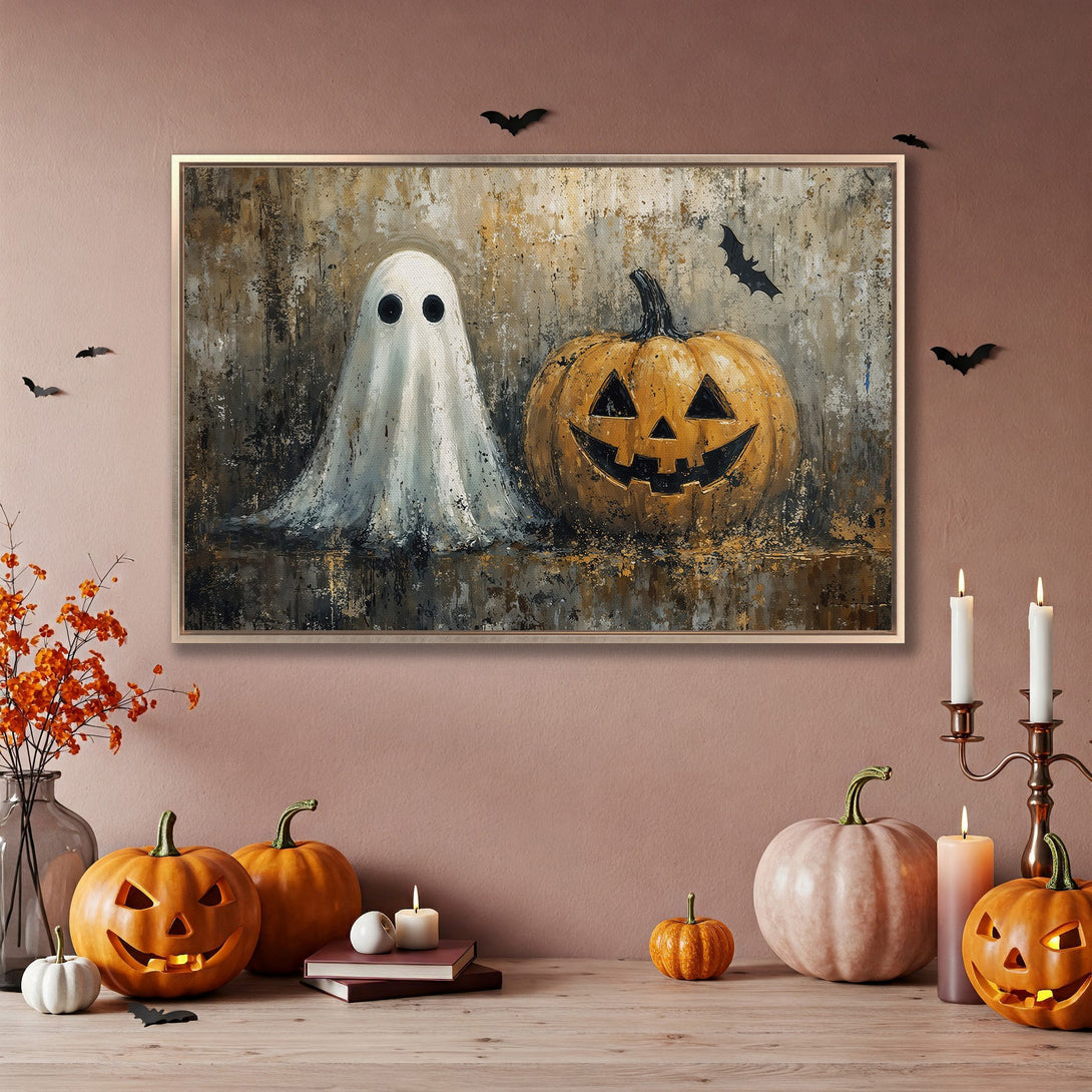 Framed Wall Art featuring a spooky ghost and pumpkin, perfect for Halloween decor! Rustic style with warm, earthy tones.