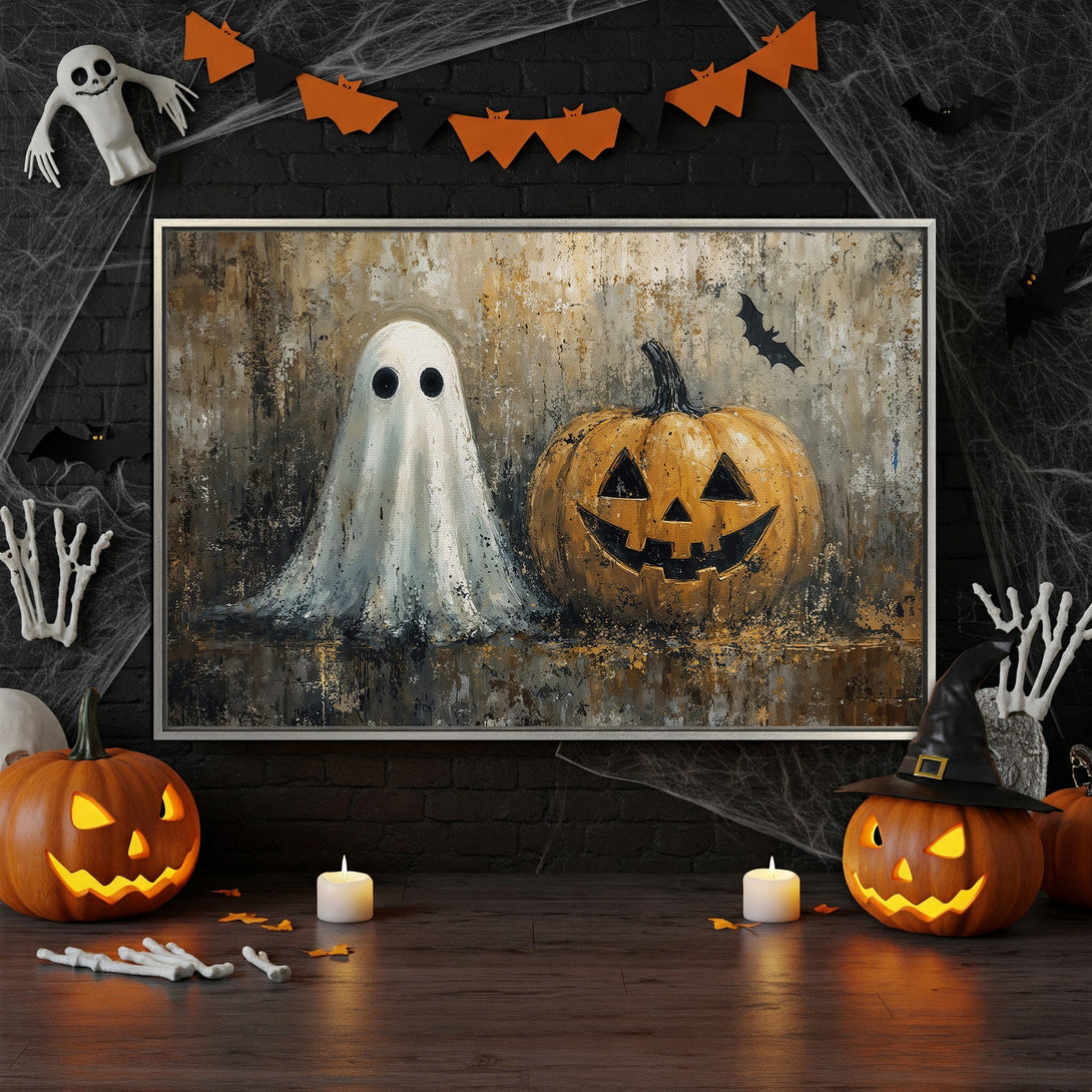 Framed Wall Art: Spooky Halloween scene with ghost & pumpkin. Rustic style, warm orange & gold tones. Perfect for seasonal decor!