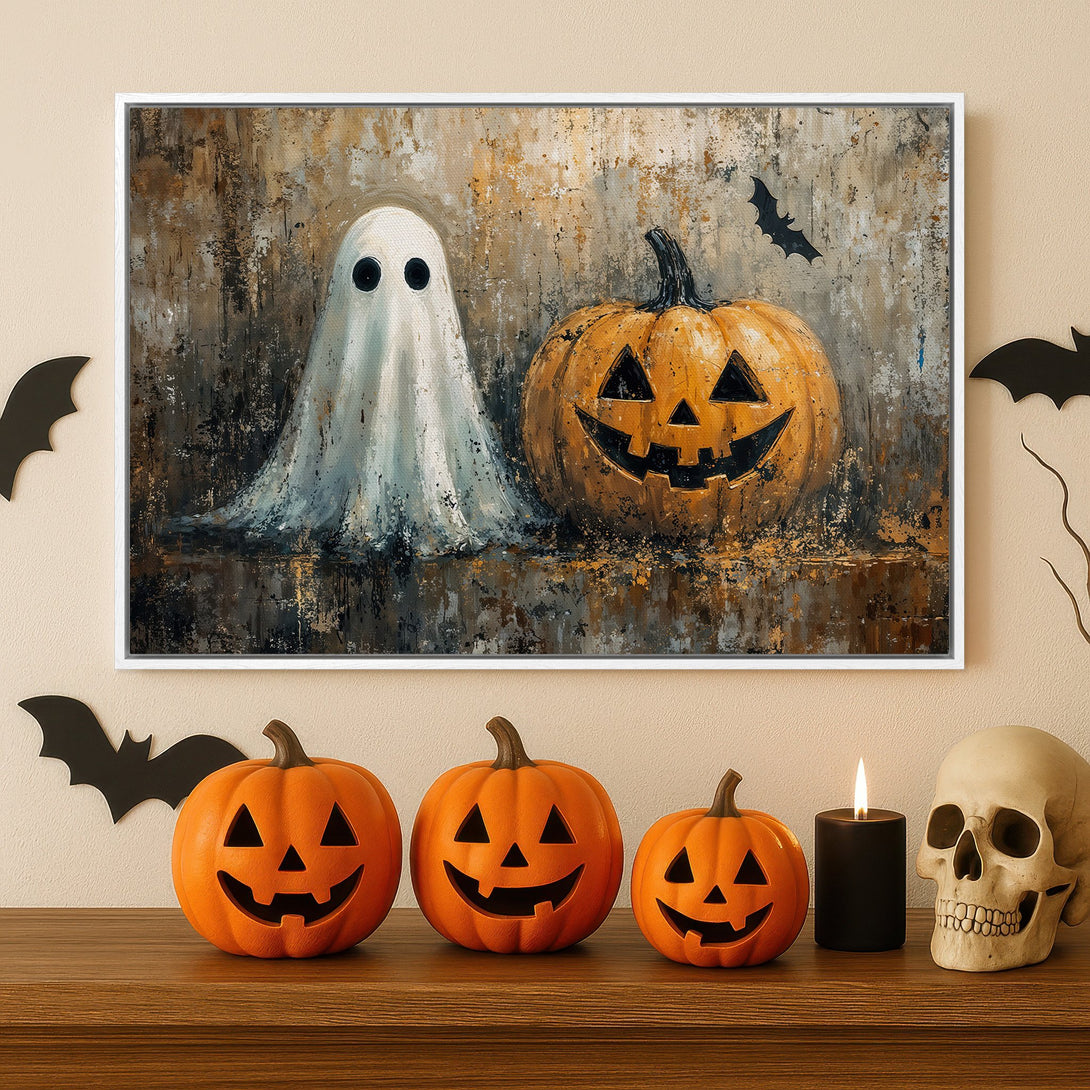 Framed Wall Art: Spooky Halloween canvas print featuring a ghost and jack-o'-lantern. Rustic style with warm orange, brown, and white color palette. Perfect for fall decor.