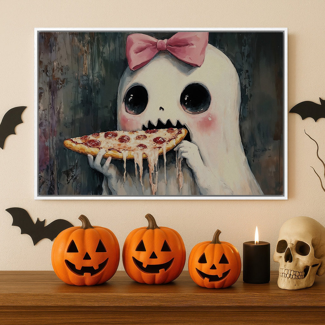 Framed Wall Art: Adorable ghost enjoying pizza, whimsical illustration in a cute, spooky style. Features a soft color palette with pink and muted tones. Perfect Halloween decor.