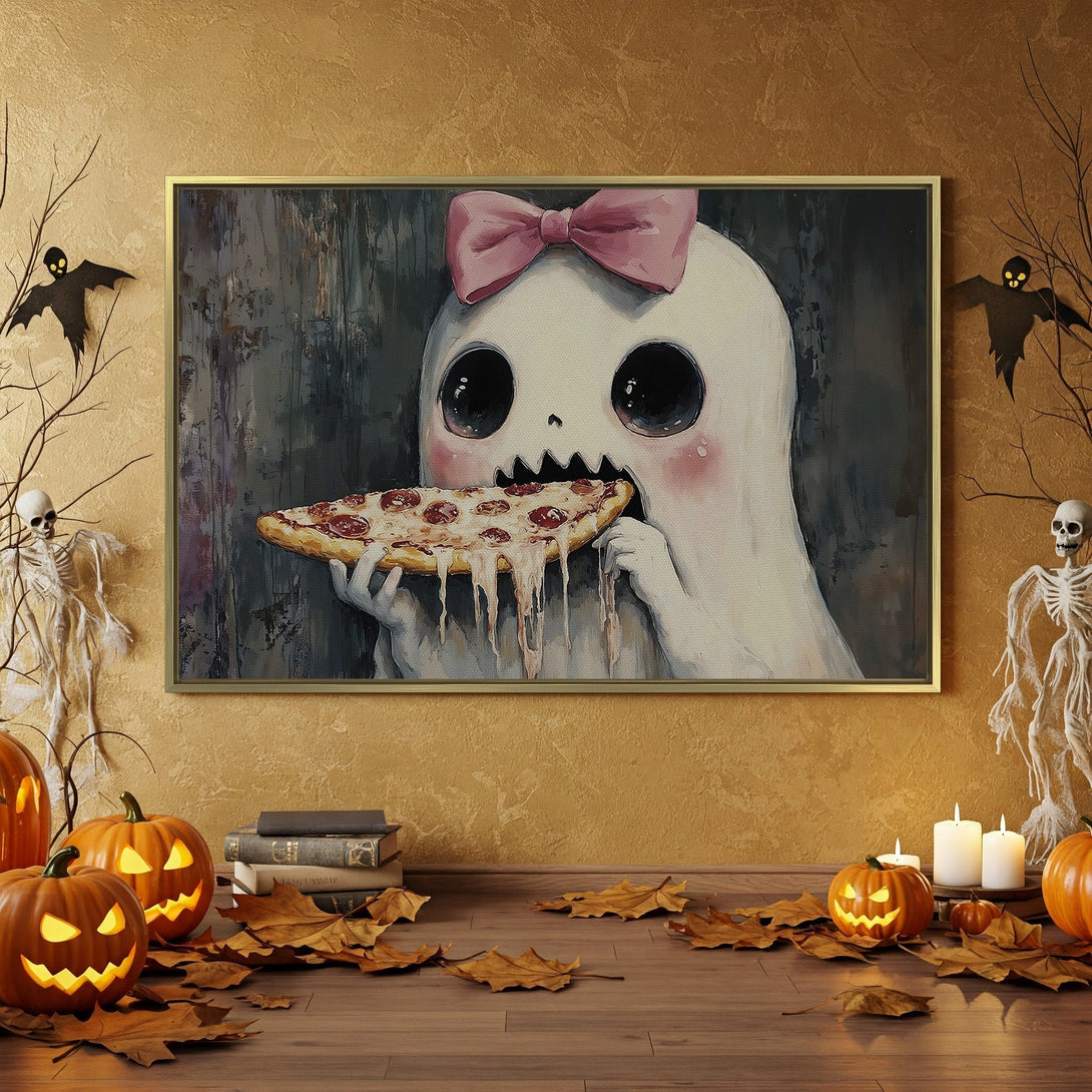 Canvas Print of a cute ghost eating pizza, perfect for Halloween decor. Features a whimsical style with a muted, moody color palette.
