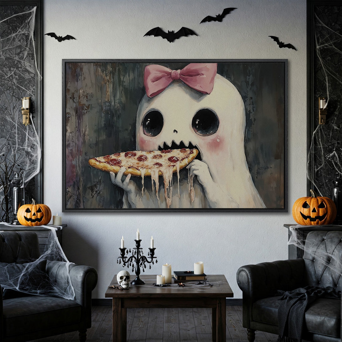 Framed Wall Art: Adorable ghost eating pizza in a spooky Halloween scene. Features a whimsical style with a muted color palette, perfect for adding a touch of fun to your decor!