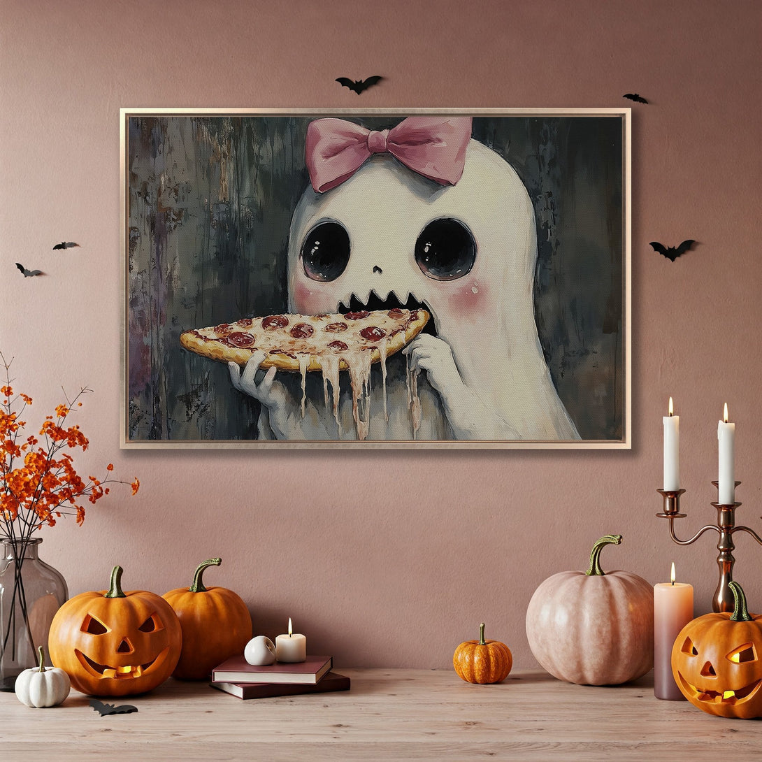 Framed Wall Art: Cute ghost eating pizza, whimsical style, Halloween decor. Soft pink, orange, and gray color palette. Perfect for spooky season!