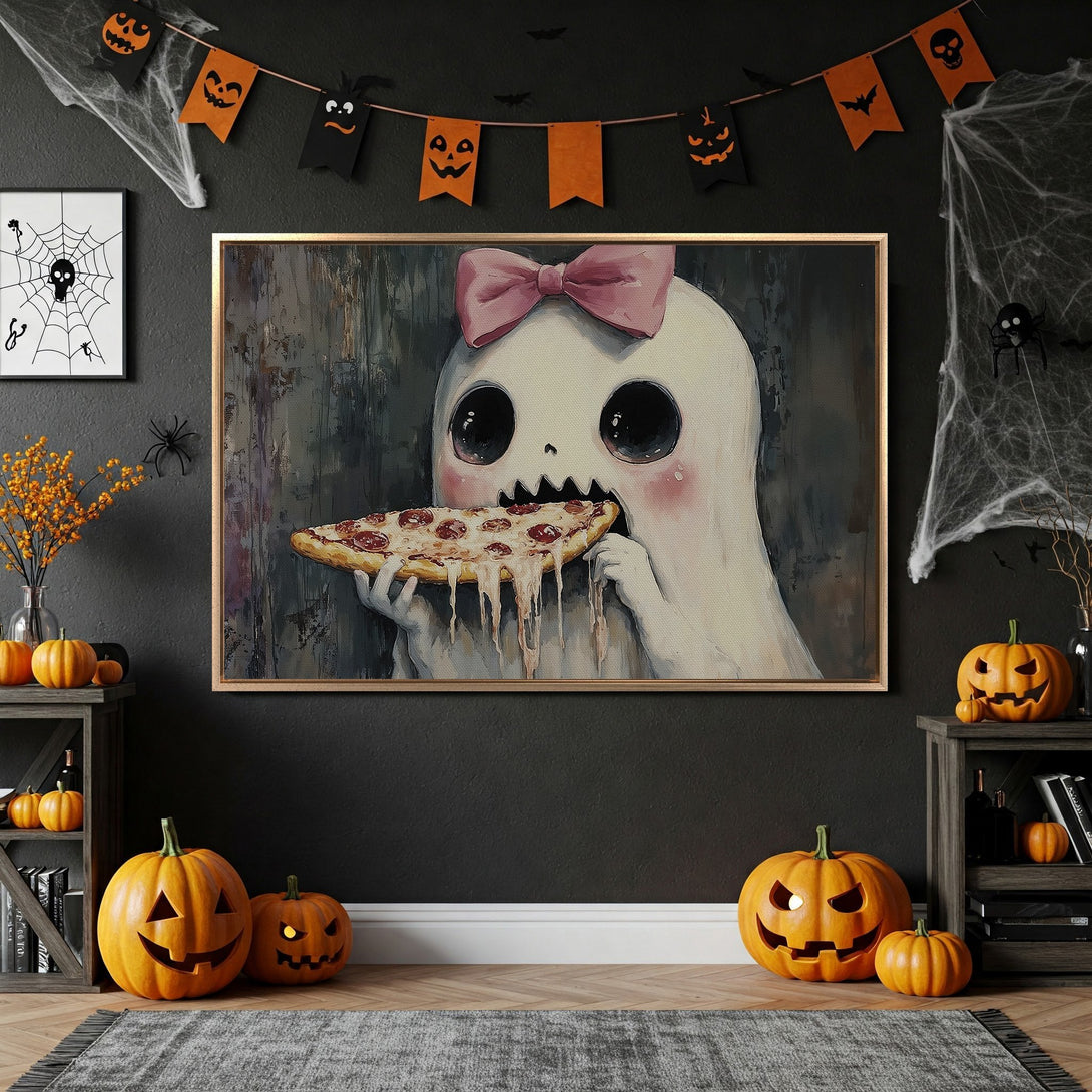 Framed Wall Art: Adorable ghost eating pizza in a Halloween-themed interior. Whimsical style with a muted color palette. Perfect for spooky season decor!