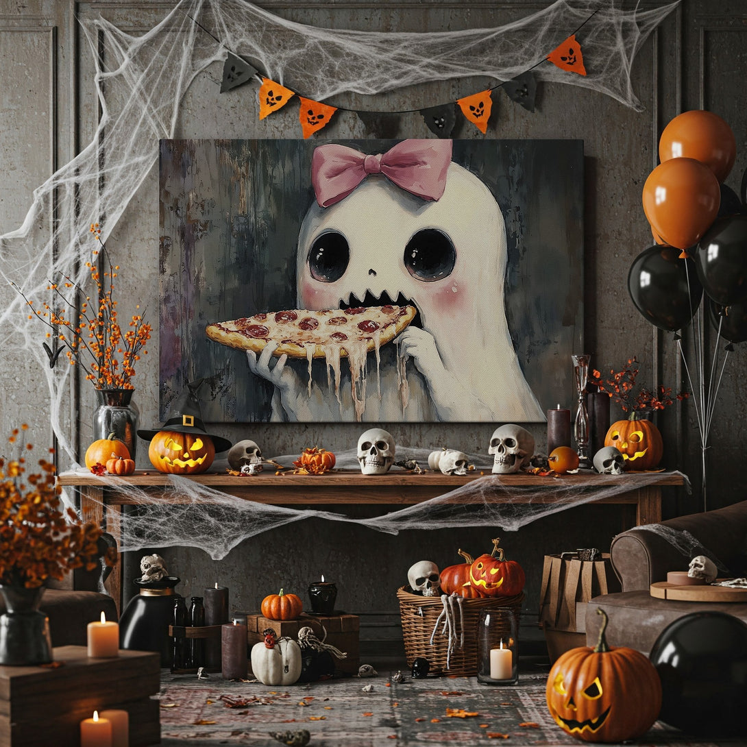 Framed Wall Art: Adorable ghost enjoying pizza! Whimsical, painterly style with a spooky Halloween theme. Warm gold, gray, and pink color palette. Perfect for your home!