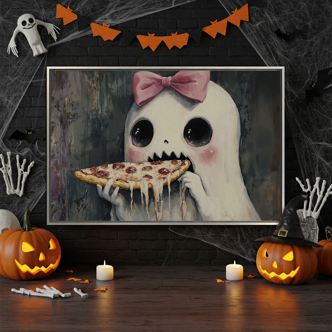 Framed Wall Art: Adorable ghost eating pizza, whimsical illustration in muted tones. Perfect Halloween decor! Shop this unique canvas print today.