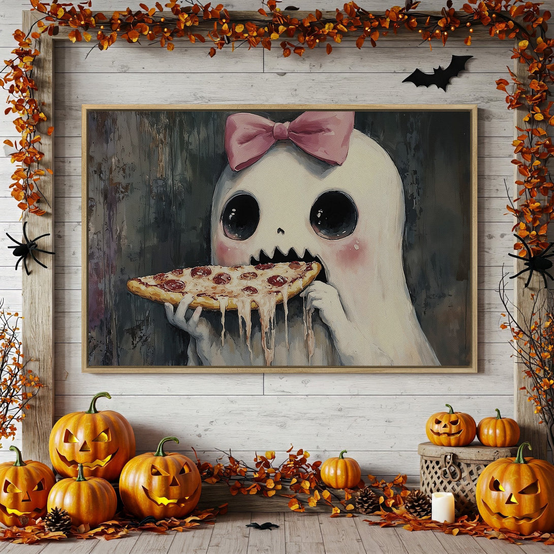 Framed Wall Art: Whimsical ghost eating pizza, Halloween decor. Pastel color palette with orange accents. Perfect for spooky season!