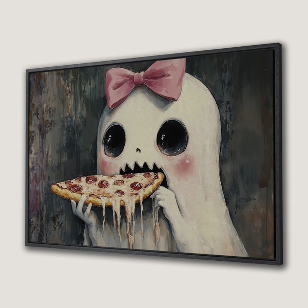 Canvas Print of a cute ghost eating pizza. Whimsical art with a dark, moody color palette. Perfect wall art for your home!