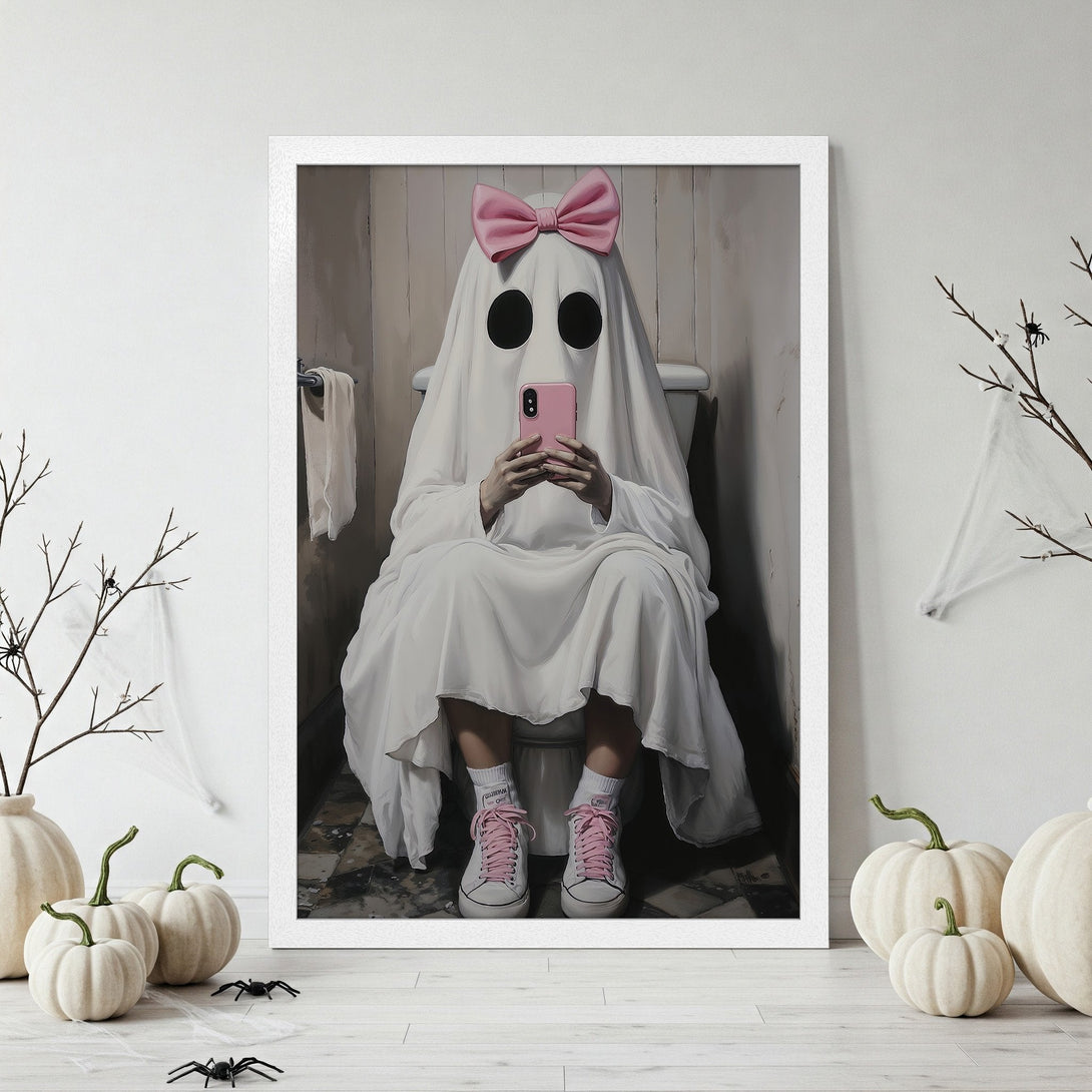 Framed Poster of a ghost in a bathroom, holding a phone. Whimsical style, soft white and pink color palette, perfect Halloween decor.
