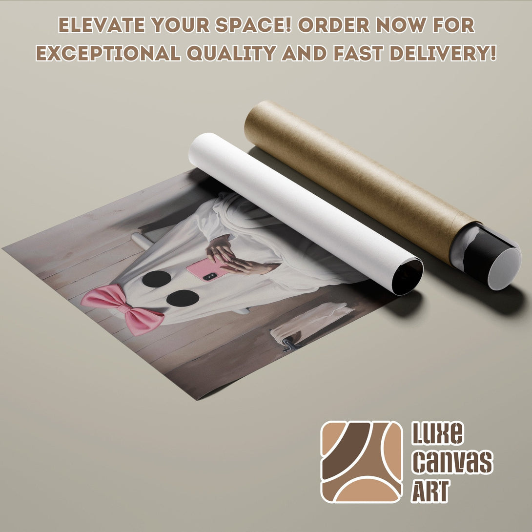 Poster Roll featuring a whimsical ghost with a pink bow, soft color palette. Elevate your space!