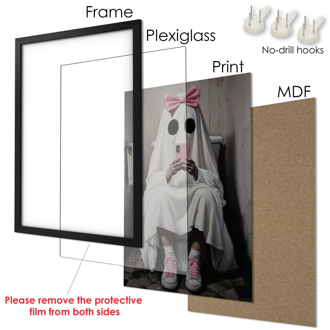 Framed Poster of a ghost in a bathroom, whimsical style, with a neutral and pink color palette. Ready to hang!