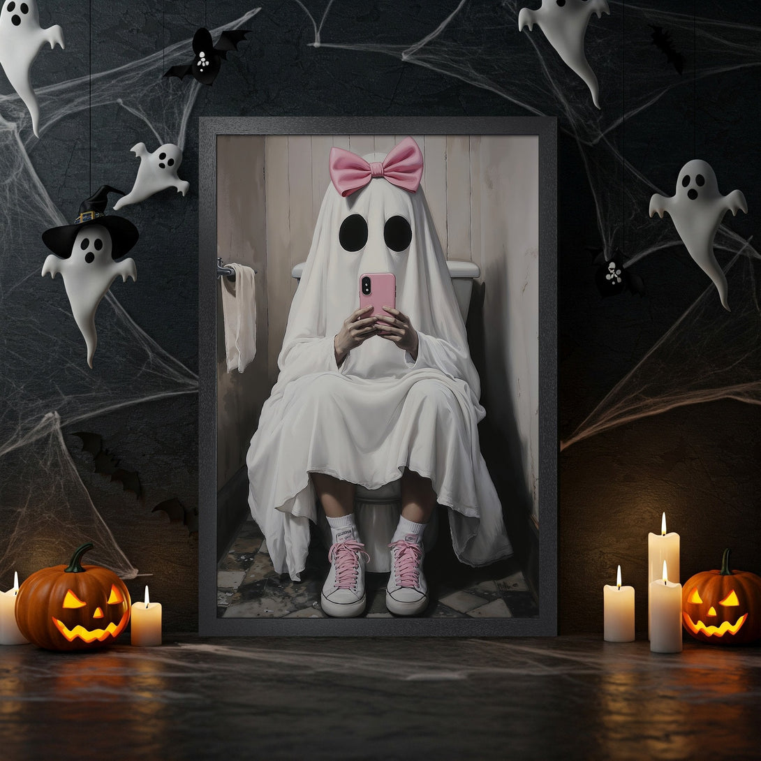 Framed Poster: Funny ghost using phone in a bathroom. Halloween decor, white, black, and orange color palette. Spooky art print.
