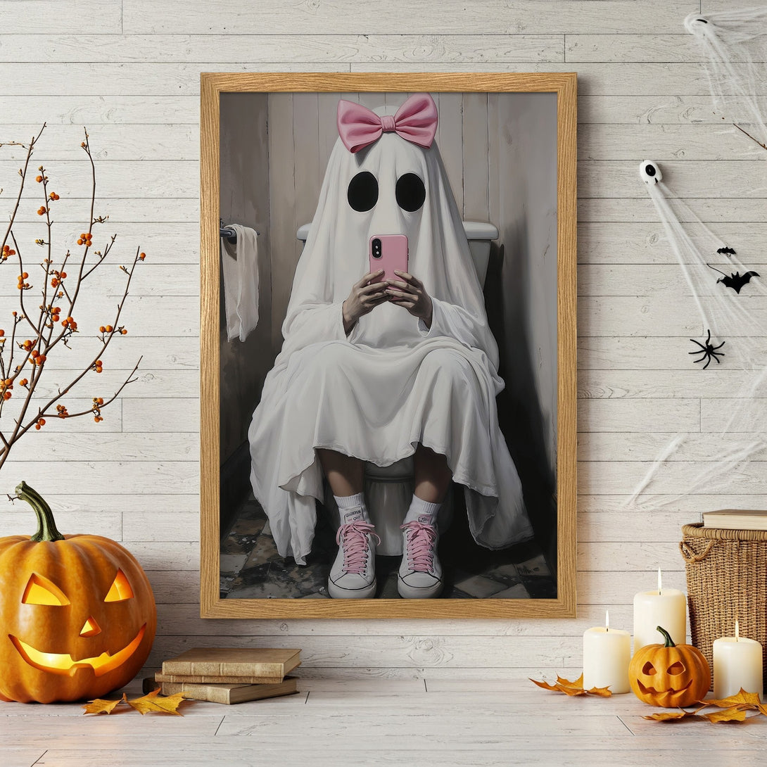 Framed Poster featuring a ghost on the toilet, with a pink bow and phone. Halloween art with a white, pink, and neutral color palette.