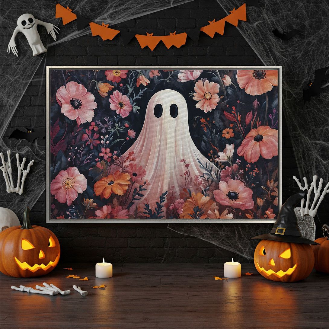 Framed Wall Art: Whimsical ghost in floral print, perfect Halloween decor. Dark, moody color palette with pink, orange, and black accents. Add spooky charm to your space!