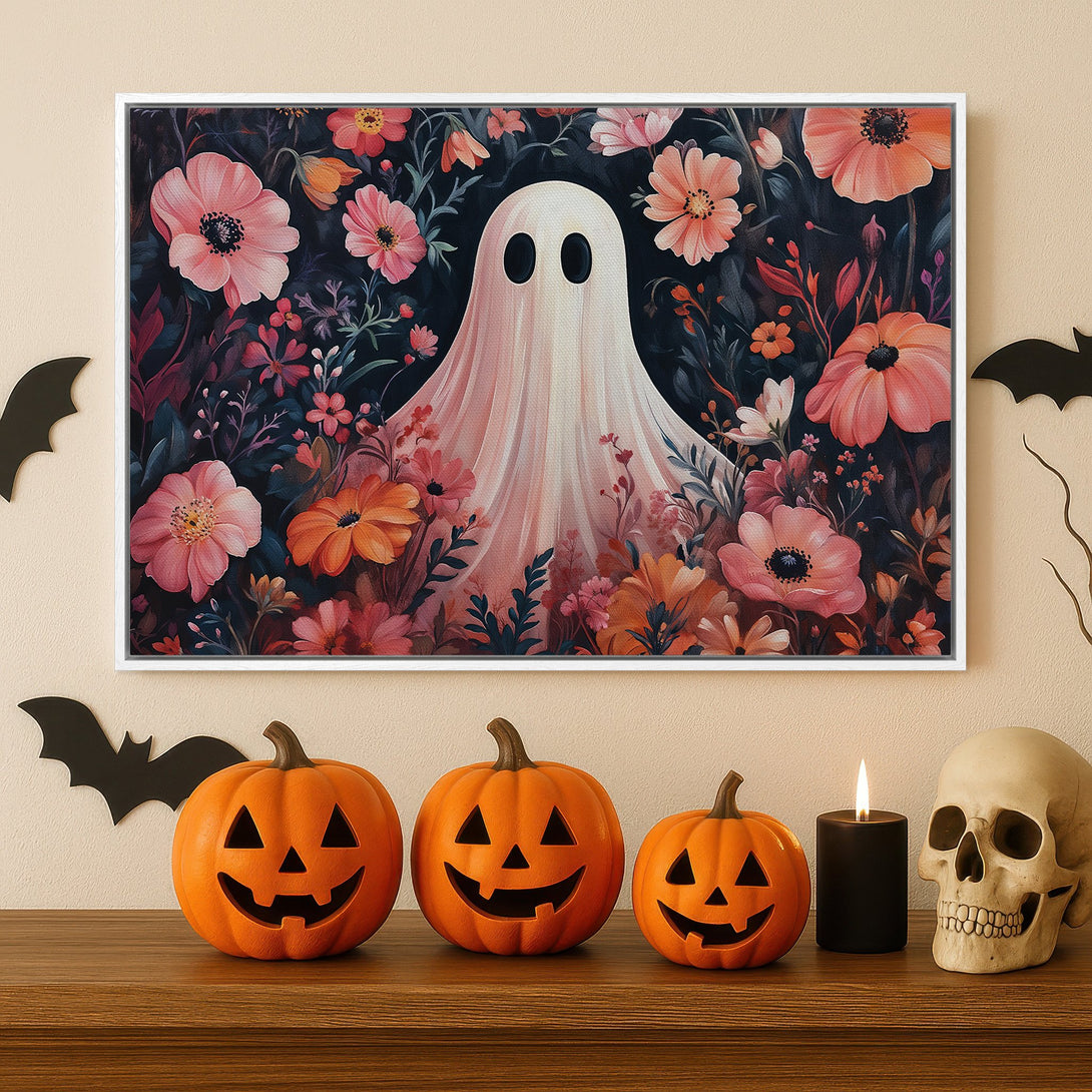 Framed Wall Art: Spooky ghost in floral garden. Dark, moody color palette with pink, orange, and green hues. Perfect Halloween decor!