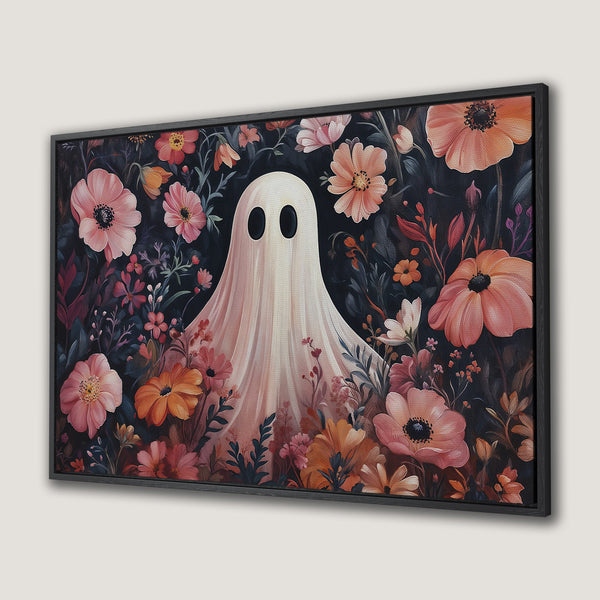 Framed Wall Art: Whimsical ghost in a floral garden. Dark, moody color palette with peach, orange, and deep green hues. Perfect for Halloween decor.
