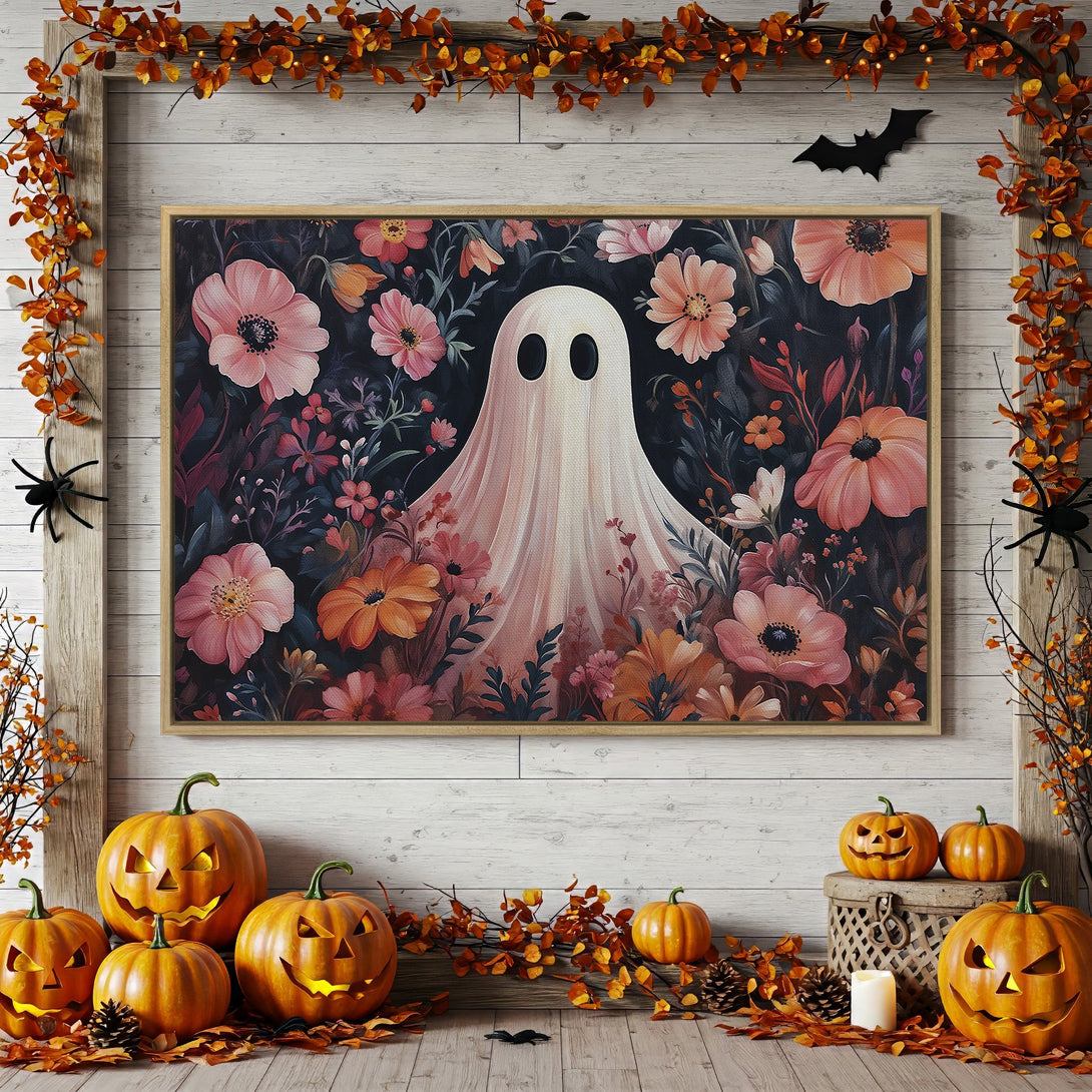 Framed Wall Art: Spooky ghost print with floral accents in a warm, autumnal color palette. Perfect Halloween decor!