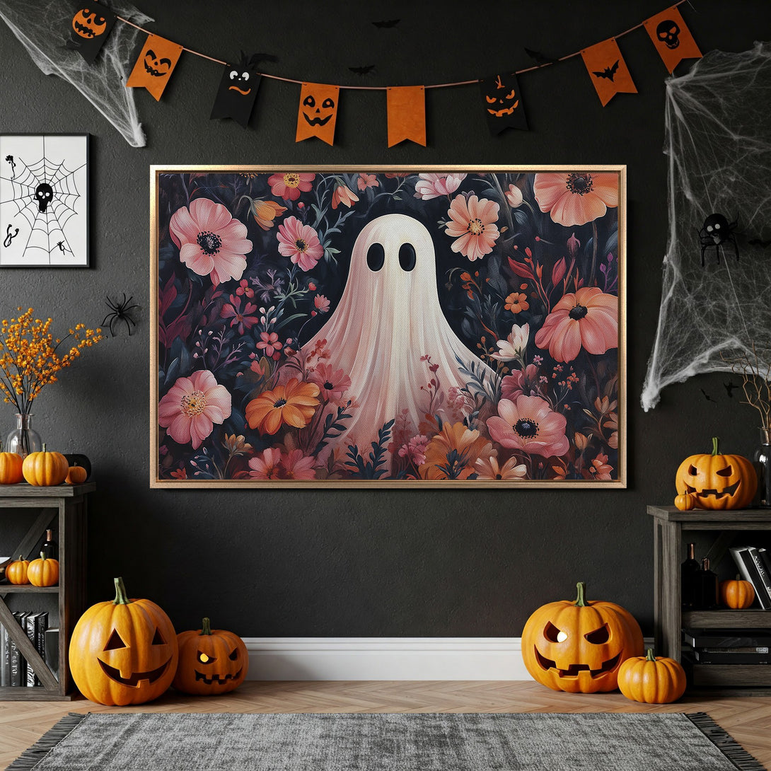Framed Wall Art: Spooky ghost in a floral garden. Halloween decor with a dark, moody color palette. Perfect for adding a touch of eerie charm.