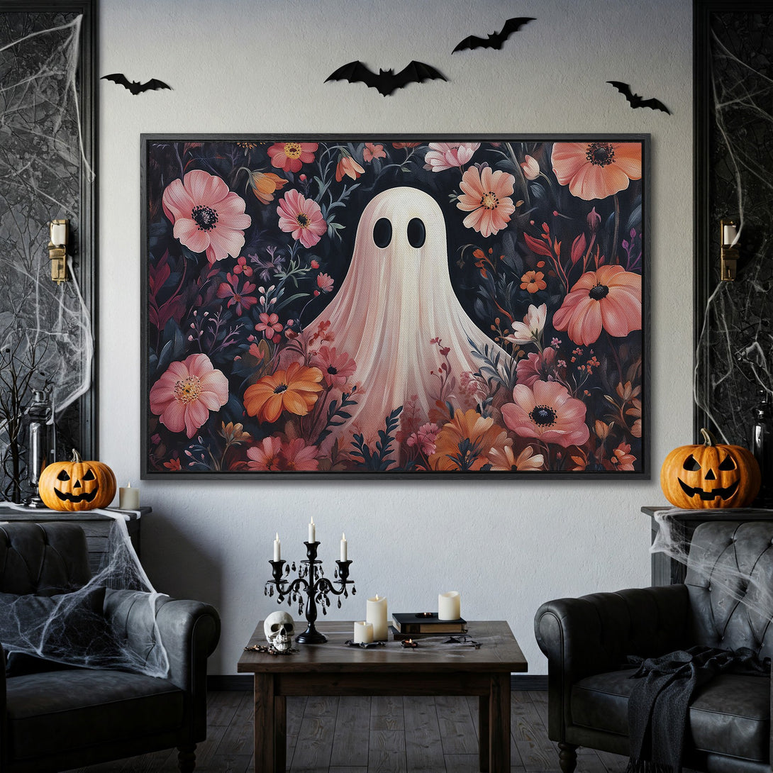 Framed Wall Art: Spooky ghost in floral arrangement, dark & moody color palette, perfect for Halloween decor!