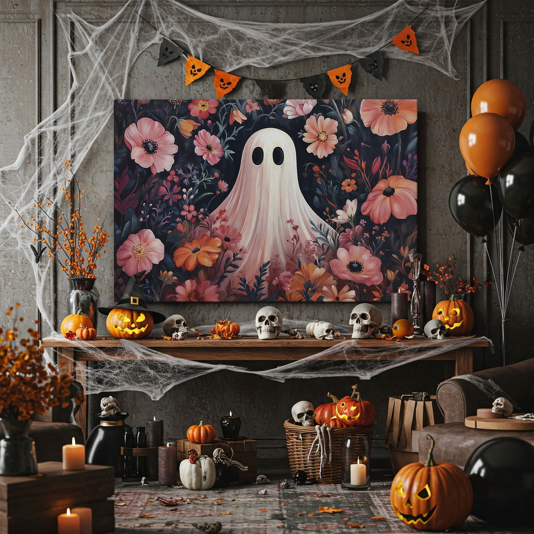 Framed Wall Art featuring a whimsical ghost in a floral garden. Dark, moody color palette with pops of pink and orange. Perfect Halloween decor!