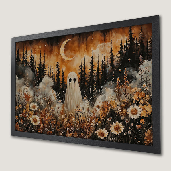 Framed Poster featuring a whimsical ghost in a forest scene. Watercolor style with a warm, autumnal color palette. Perfect wall art for your home!