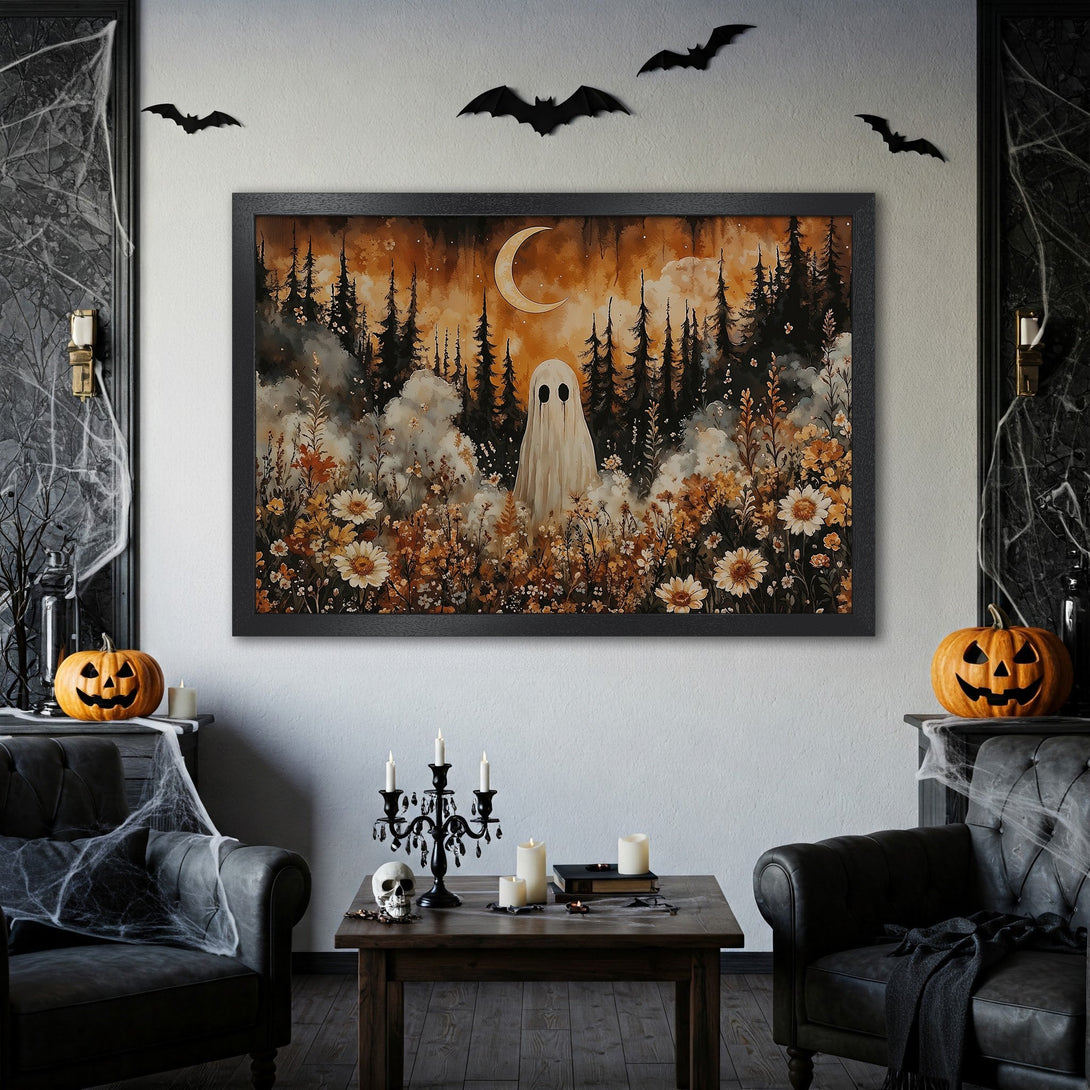 Framed Poster: Spooky ghost art print in warm orange & black tones. Perfect Halloween decor for a hauntingly beautiful space!