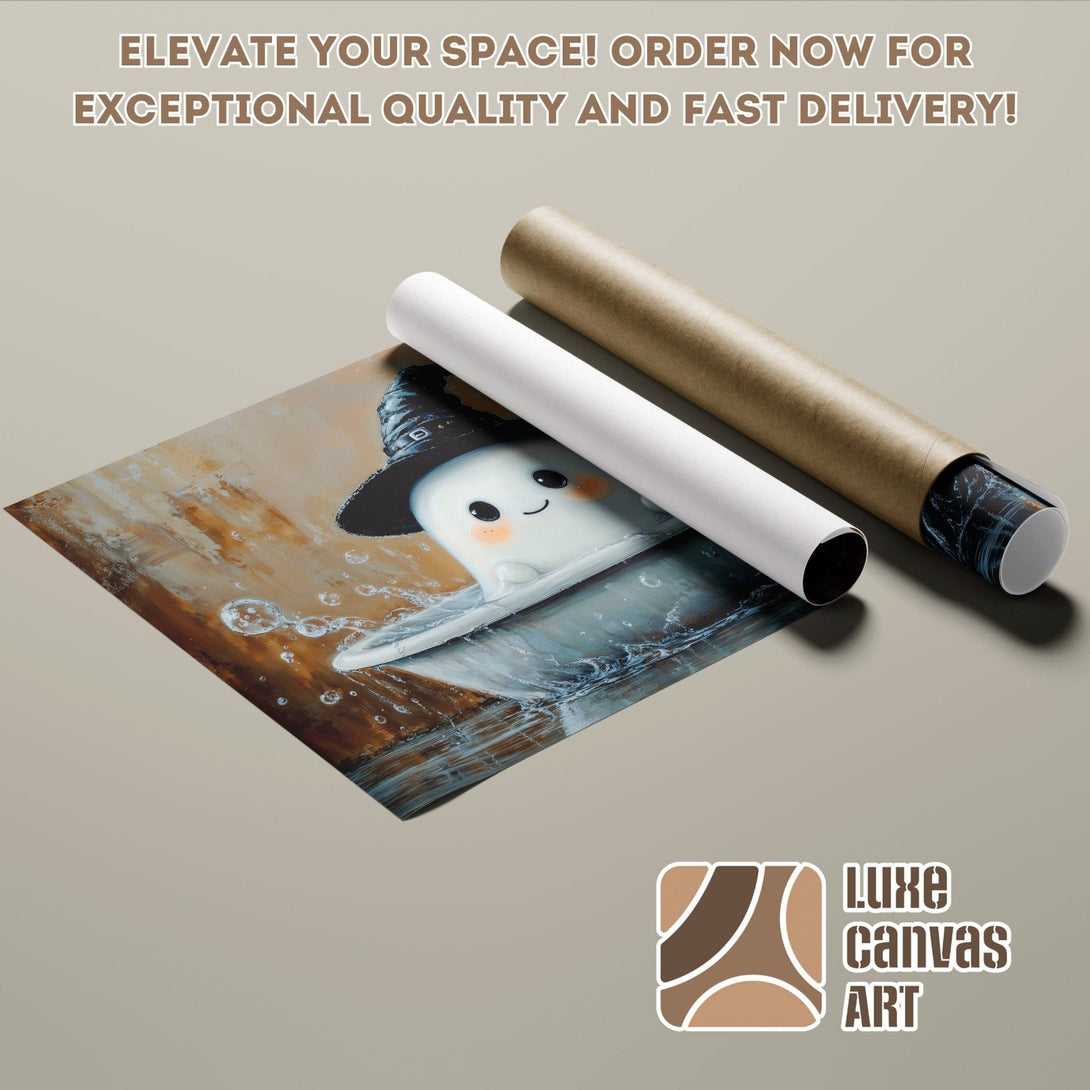 Poster Roll featuring a cute ghost art print, warm color palette. Elevate your space with Luxe Canvas Art!