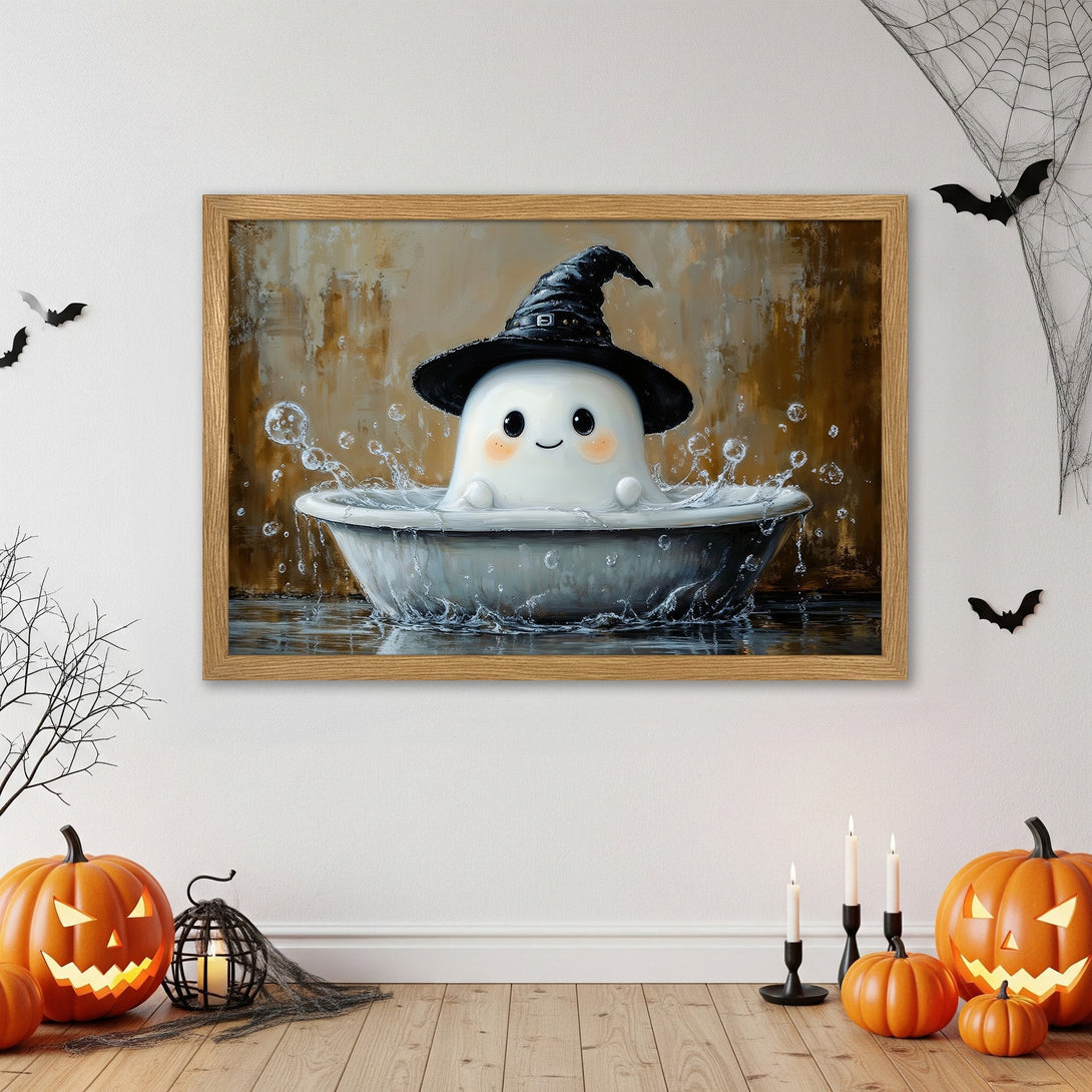 Framed Poster of a cute ghost in a witch hat. Halloween art with a warm, neutral color palette. Perfect wall decor!