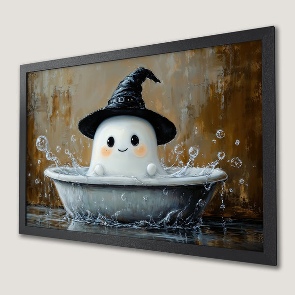 Framed Poster: Cute ghost in a witch hat taking a bath, whimsical art with warm color palette. Perfect Halloween decor!