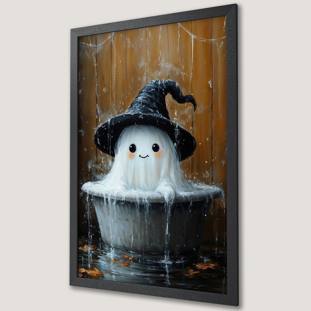 Framed Poster featuring a cute ghost in a witch hat, whimsical style, with a warm, earthy color palette perfect for Halloween decor.