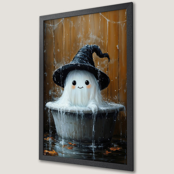 Framed Poster featuring a cute ghost in a witch hat, whimsical style, with a warm, earthy color palette perfect for Halloween decor.