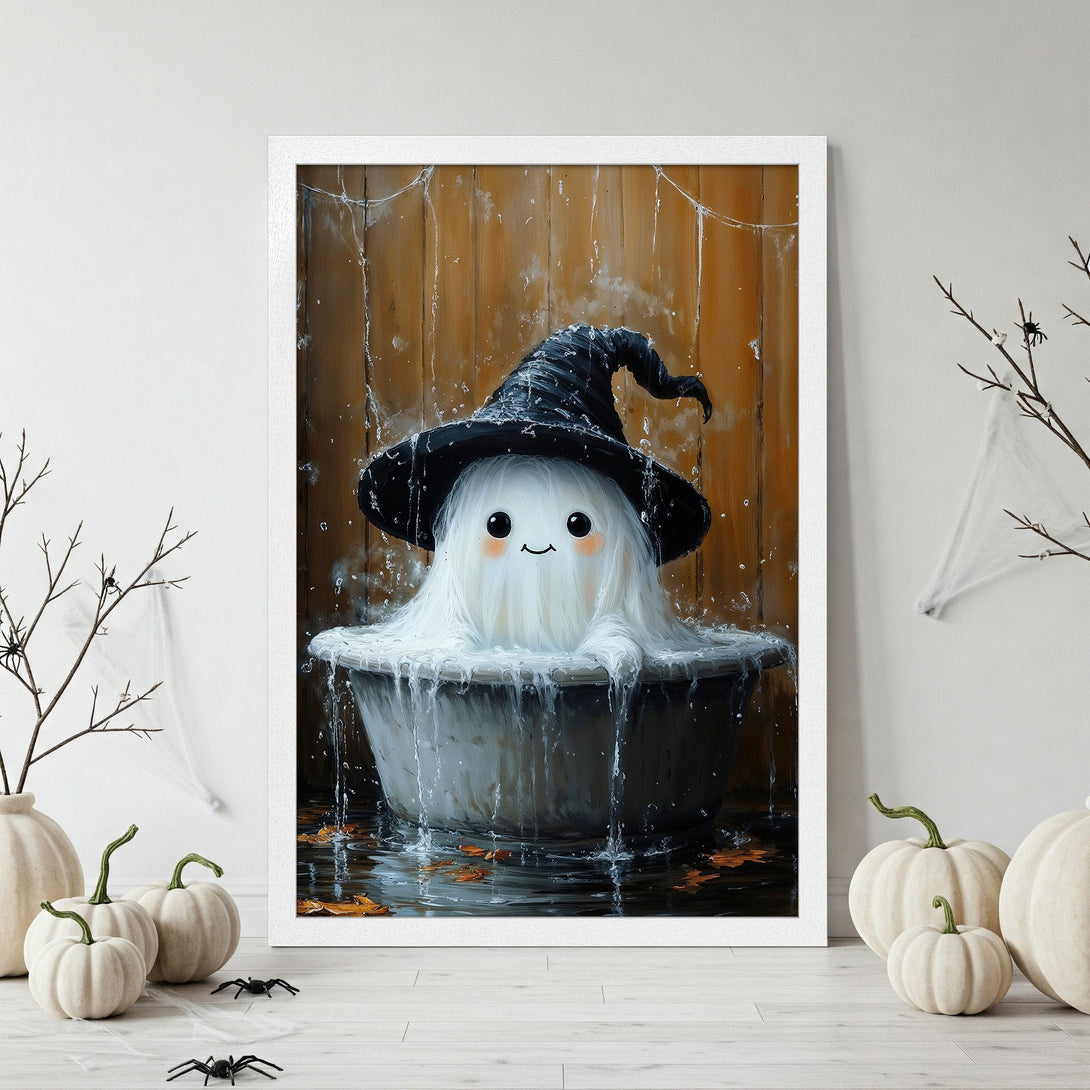 Framed Poster featuring a cute ghost in a witch hat, whimsical style, with a white, black, and orange color palette. Perfect Halloween decor!