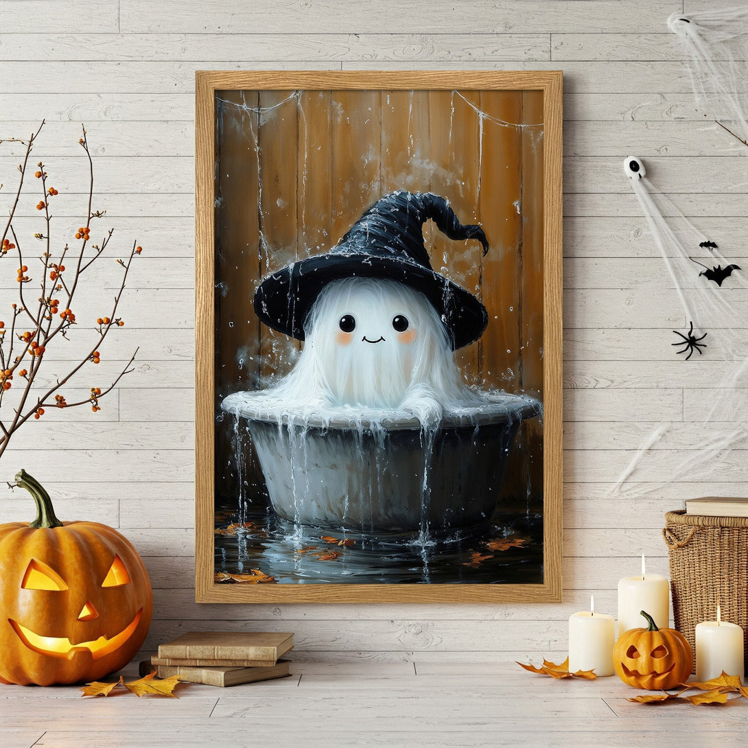 Framed Poster featuring a cute ghost in a witch hat. Whimsical art with a Halloween theme, warm color palette. Perfect spooky decor!