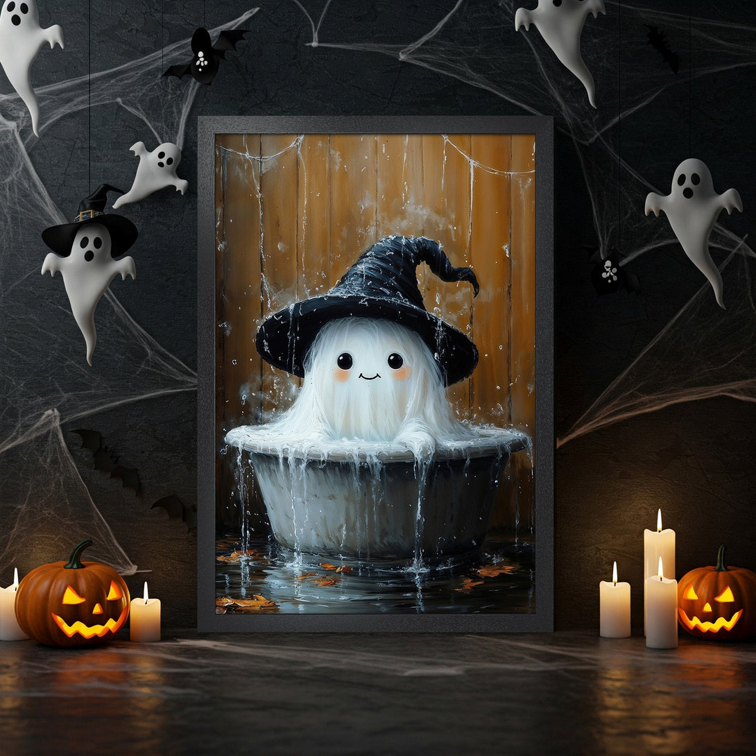 Framed Poster featuring a cute ghost in a witch hat, spooky Halloween style, with a black, white, and orange color palette.
