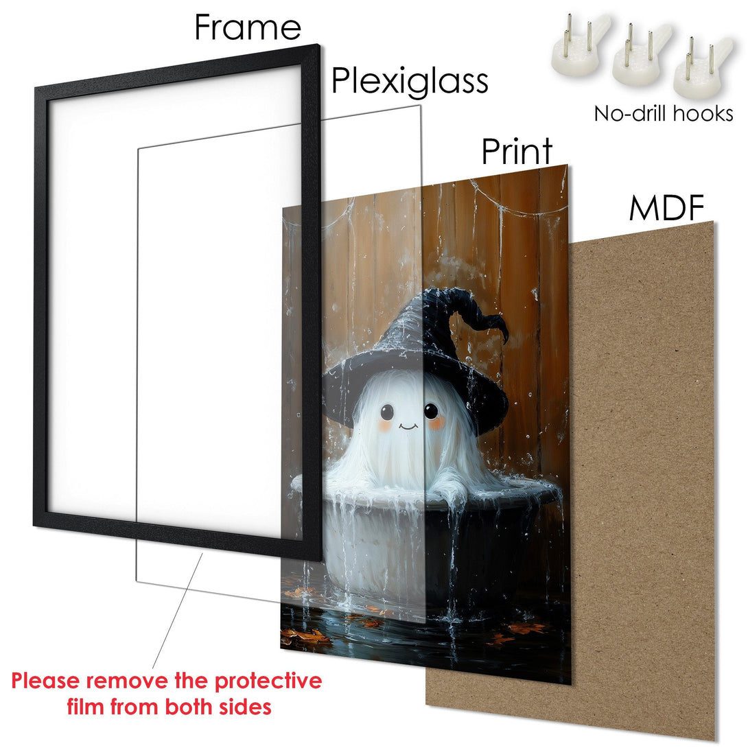 Framed Poster featuring a cute ghost in a witch hat. Whimsical style with a warm, autumn color palette. Perfect Halloween decor!