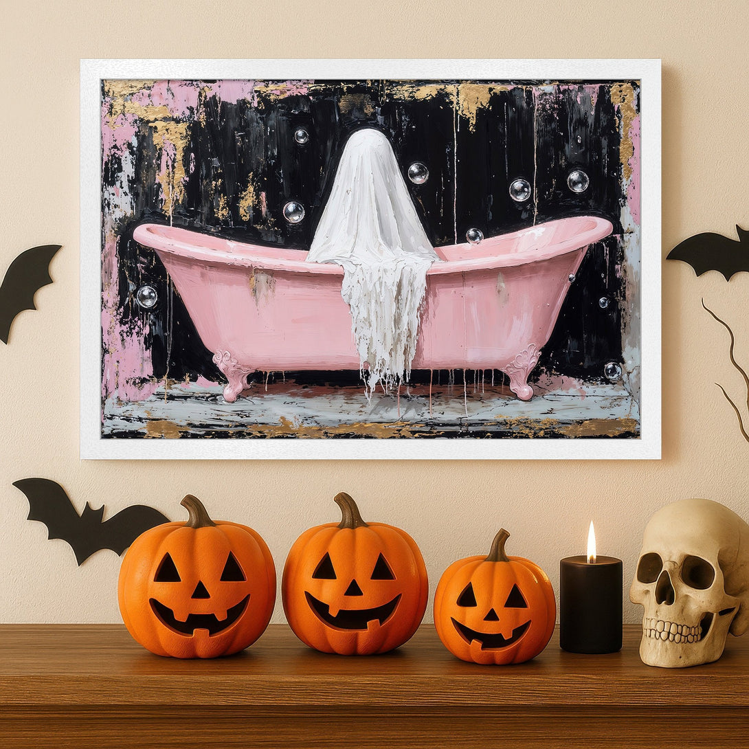 Framed Poster: Spooky Halloween art with a pink bathtub, ghost, and black, gold, and pink palette. Perfect wall decor!