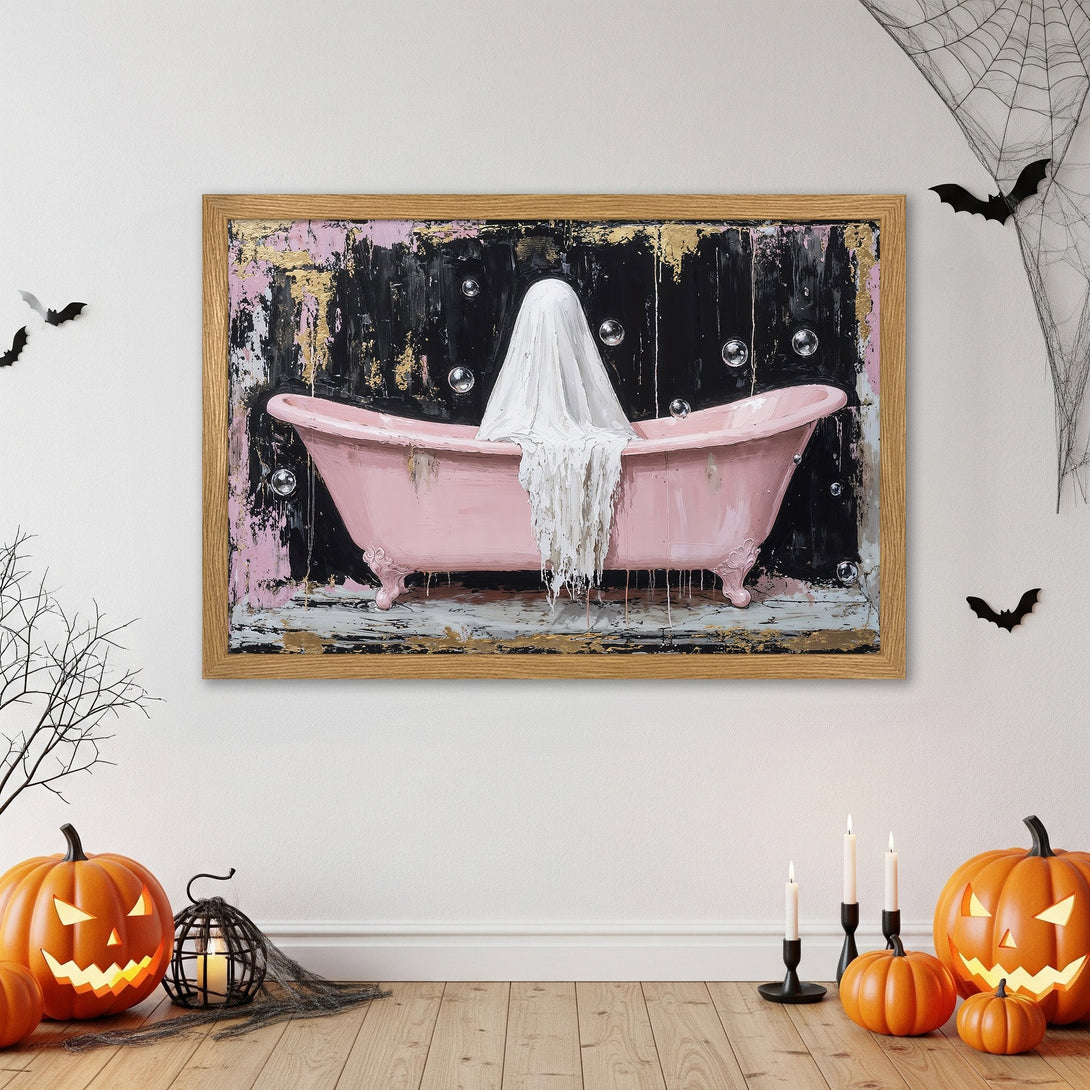Framed Poster featuring a ghost in a pink bathtub, abstract style, with black, pink, and gold color palette. Halloween decor.
