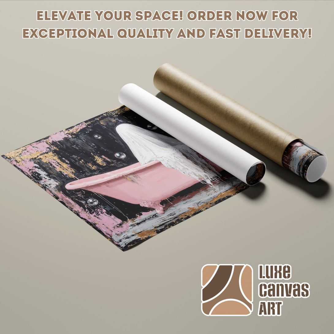 Abstract art poster roll featuring a pink bathtub, black, gold, and white color palette. Order yours today!