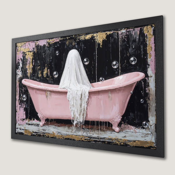 Framed Poster of a pink bathtub with a draped figure, abstract style, black, gold, and pink color palette. Modern art print.