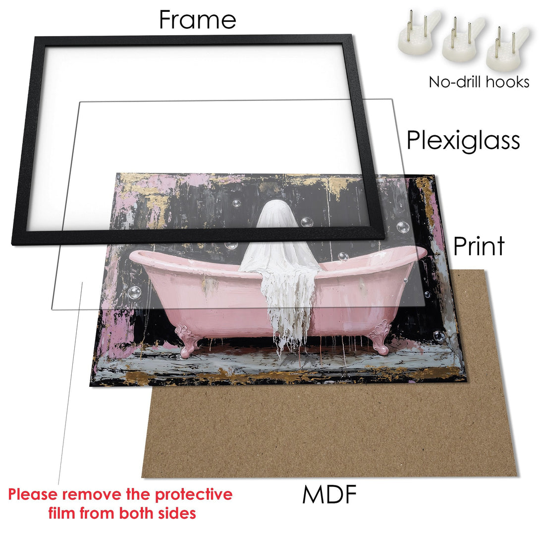 Framed Poster featuring a pink bathtub art print with a black frame. Modern style with a pink, black, and gold color palette.
