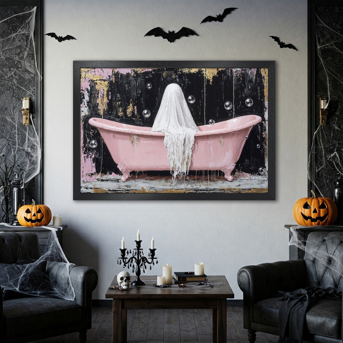 Framed Poster of a pink bathtub with a ghost, abstract style, black, pink, and gold palette. Spooky Halloween decor.