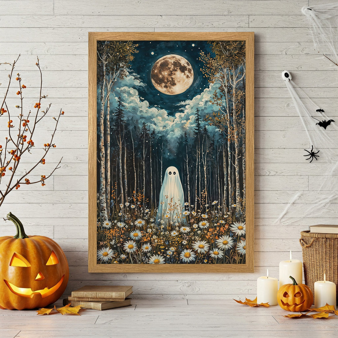Framed Poster featuring a whimsical ghost in a forest under a full moon. Dark blue, green, and white color palette. Perfect Halloween decor!