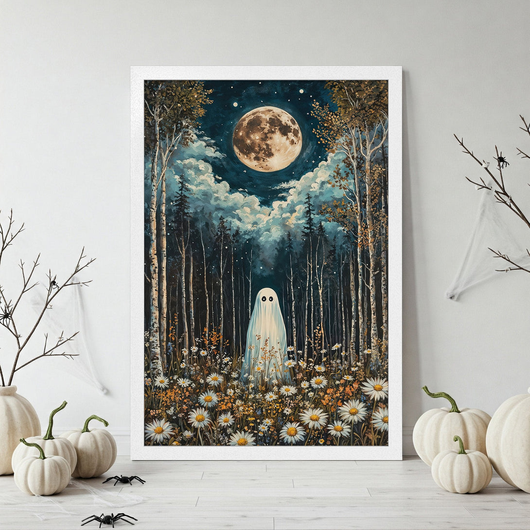 Framed Poster featuring a spooky ghost in a forest scene, with a blue and gold color palette. Perfect Halloween decor!