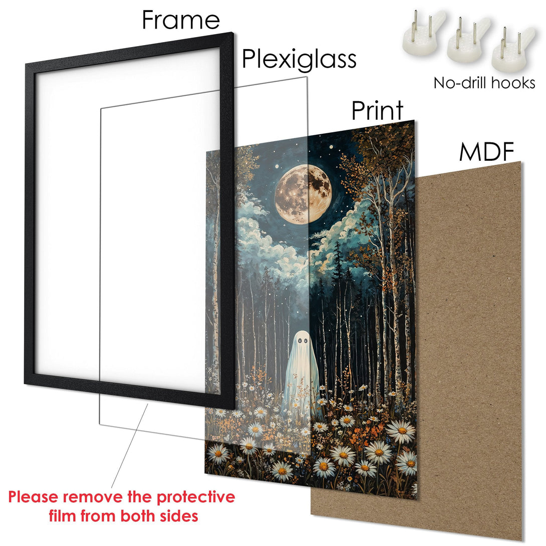 Framed Poster featuring a whimsical ghost in a moonlit forest. Artistic style, with a blue, white, and gold color palette. Perfect wall art!