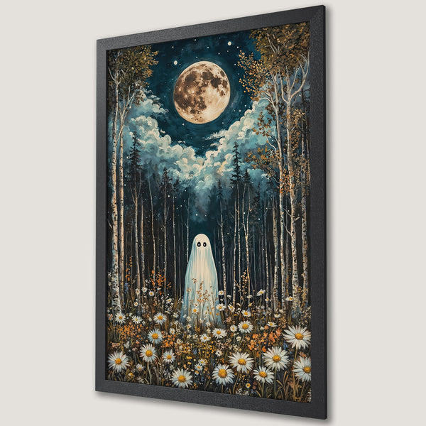 Framed Poster featuring a whimsical ghost in a moonlit forest. Dreamy art style with a cool blue, gold, and white color palette. Perfect spooky decor.