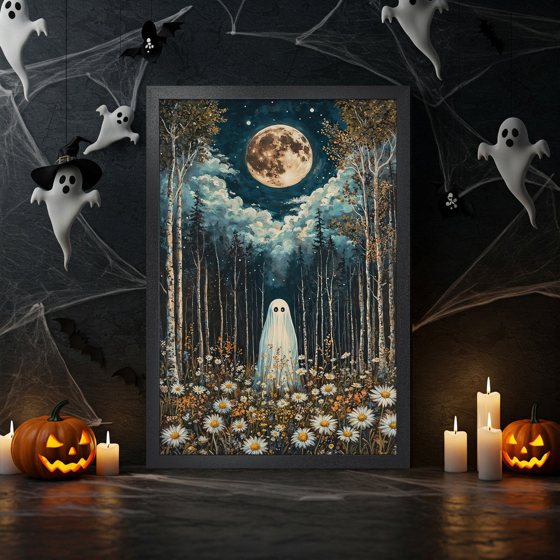 Framed Poster featuring a whimsical ghost in a forest scene with a dark, moody color palette, perfect Halloween decor.